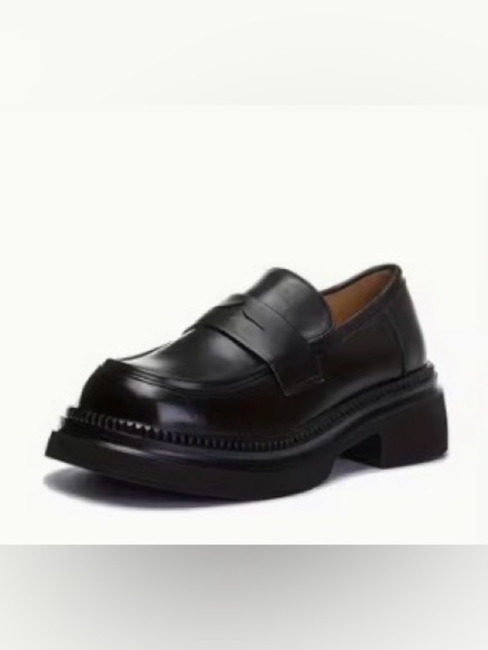 Black faux leather loafers with chunk sole